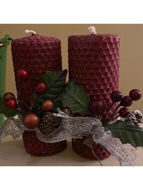 Holiday handmade beeswax candles.